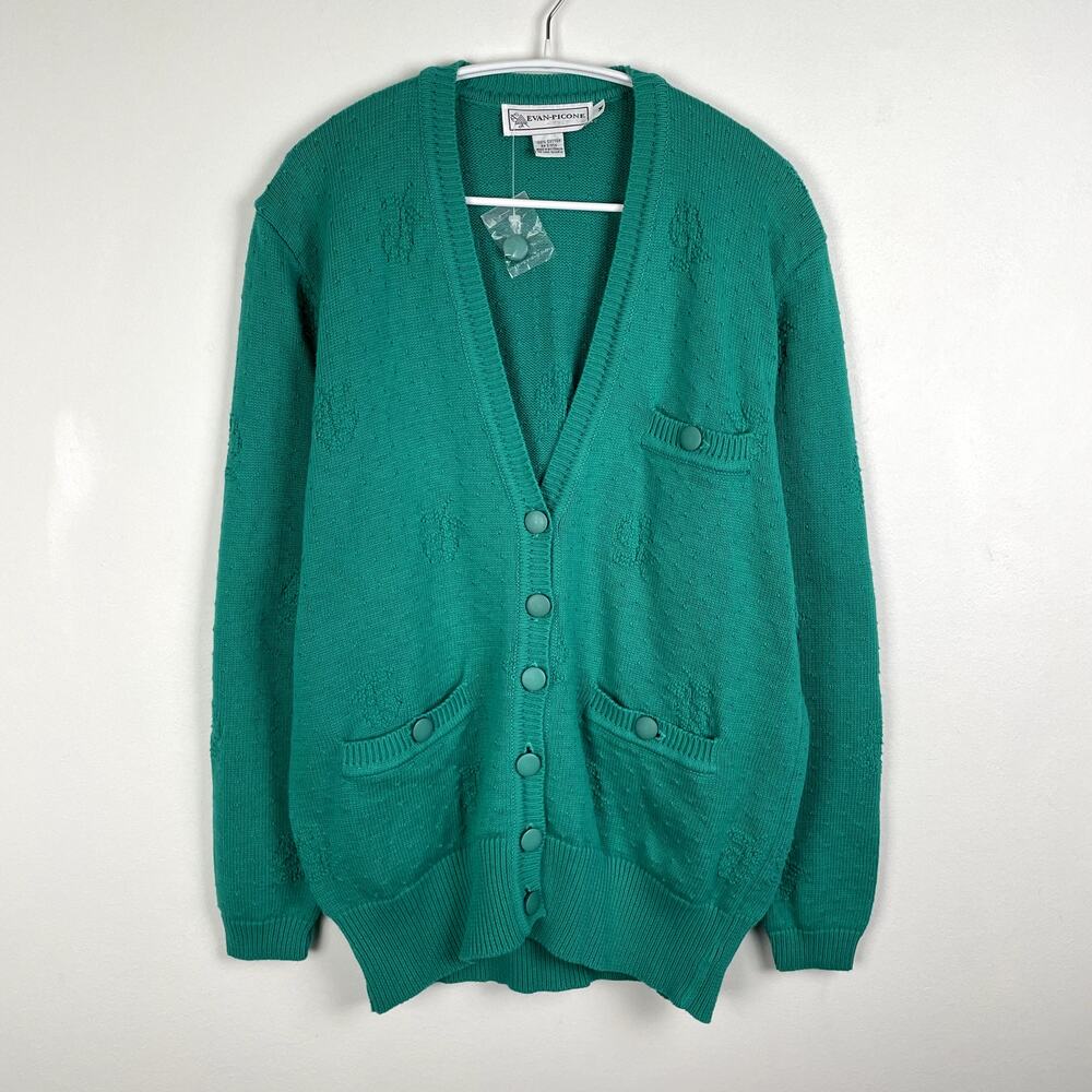 VTG Evan Piccone Chunky Floral Knit Grandma Cardigan Sweater Cottagecore Green M